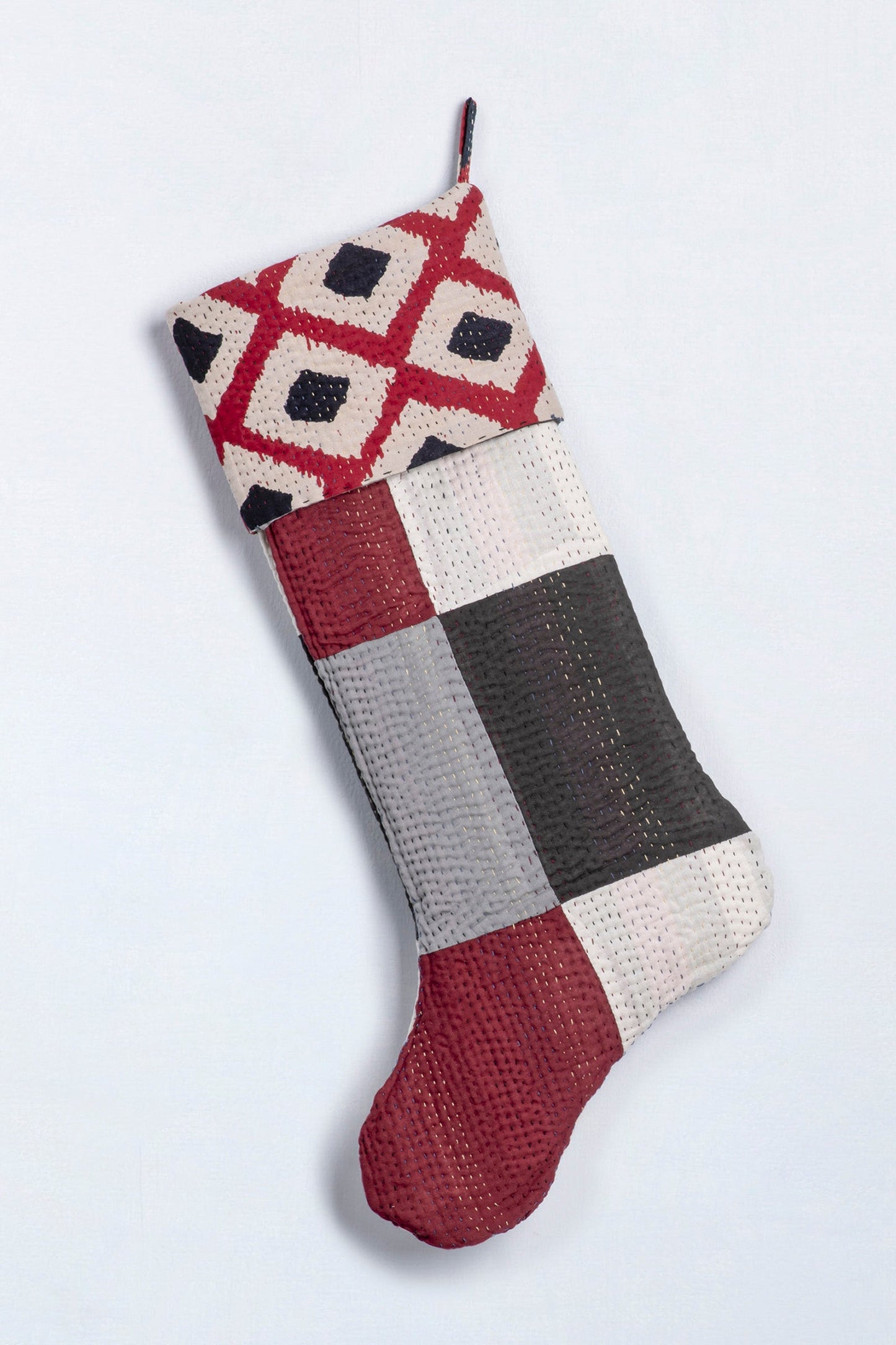 Monotone Ikat Handmade Vintage Kantha Stocking - Red