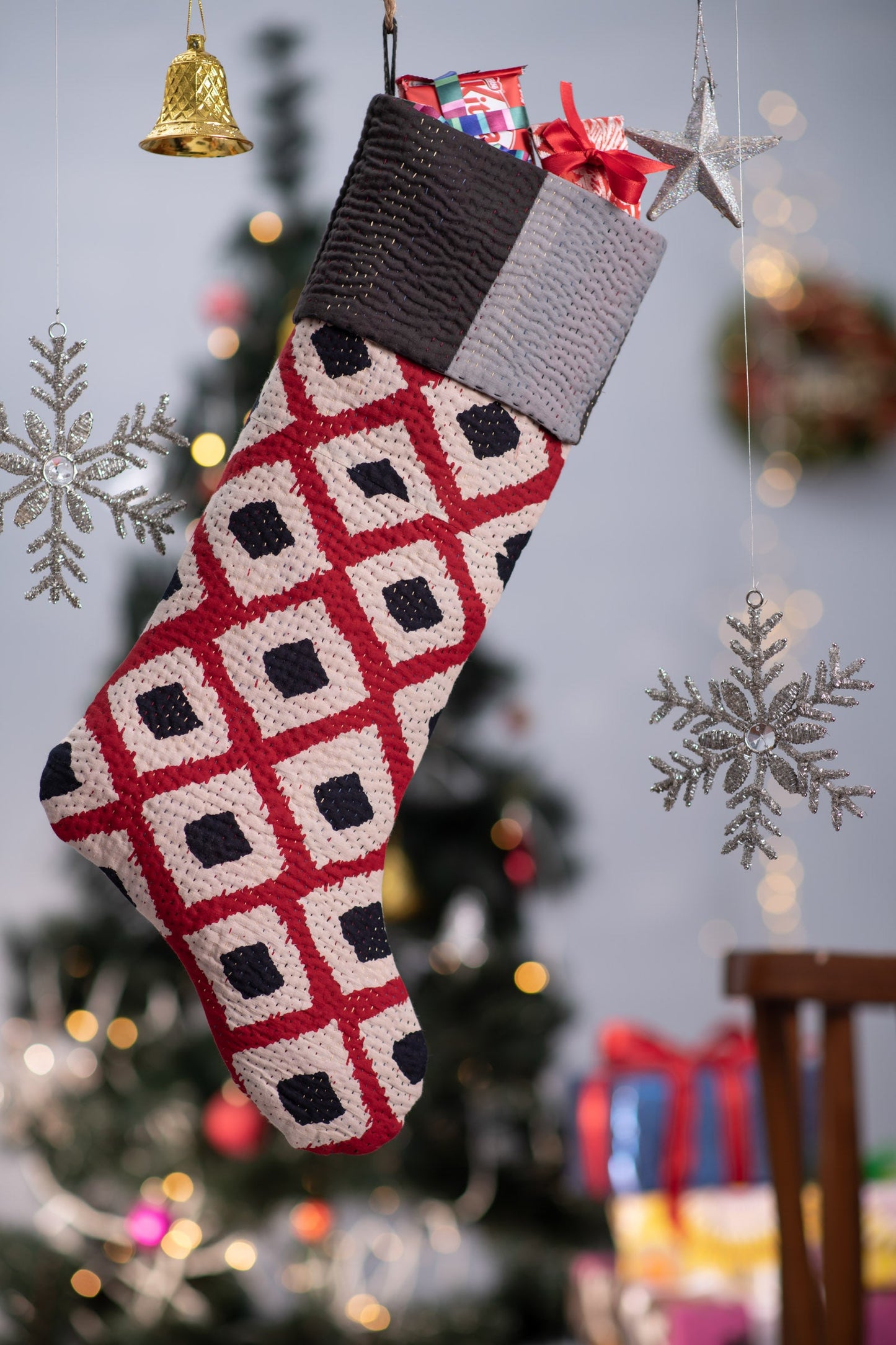 Monotone Ikat Handmade Vintage Kantha Stocking - Red