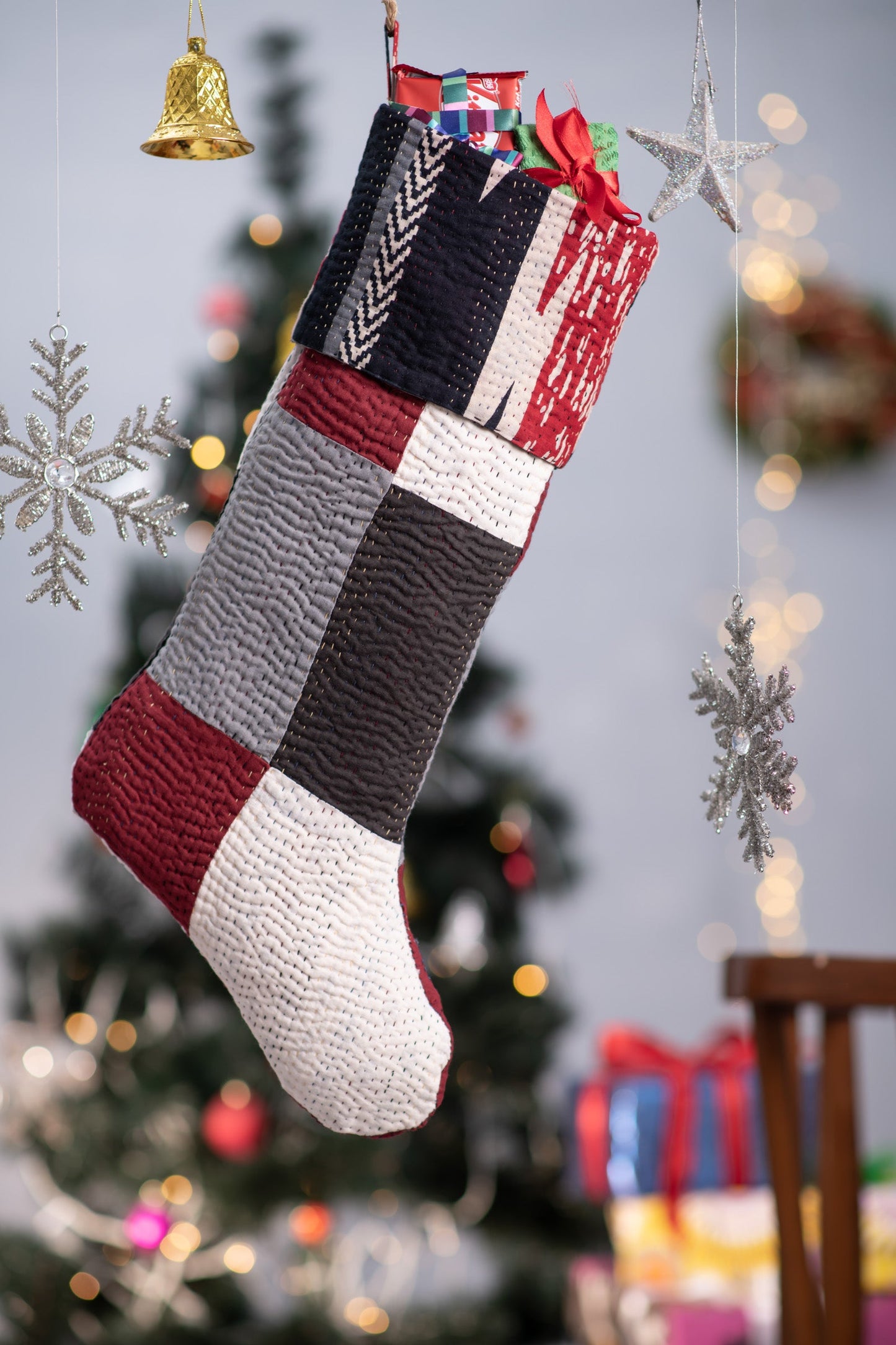 Monotone Ikat Handmade Vintage Kantha Stocking - Red