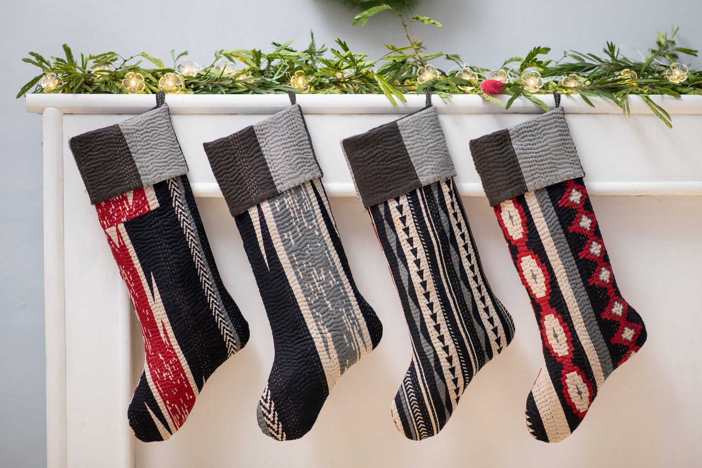 Monotone Ikat Handmade Vintage Kantha Stocking - Red