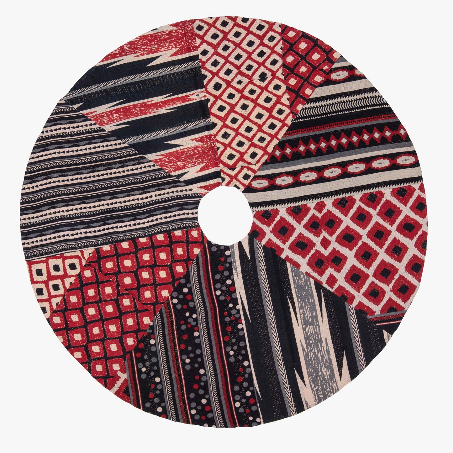 Monotone Ikat Handmade Vintage Kantha Tree Skirt - Red