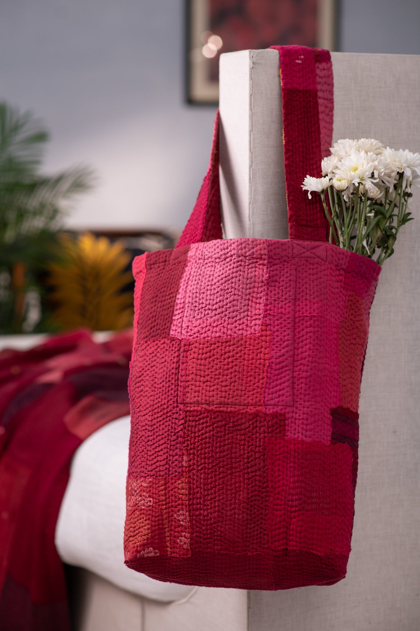 Landscape Handmade vintage Kantha Tote Bag - Red