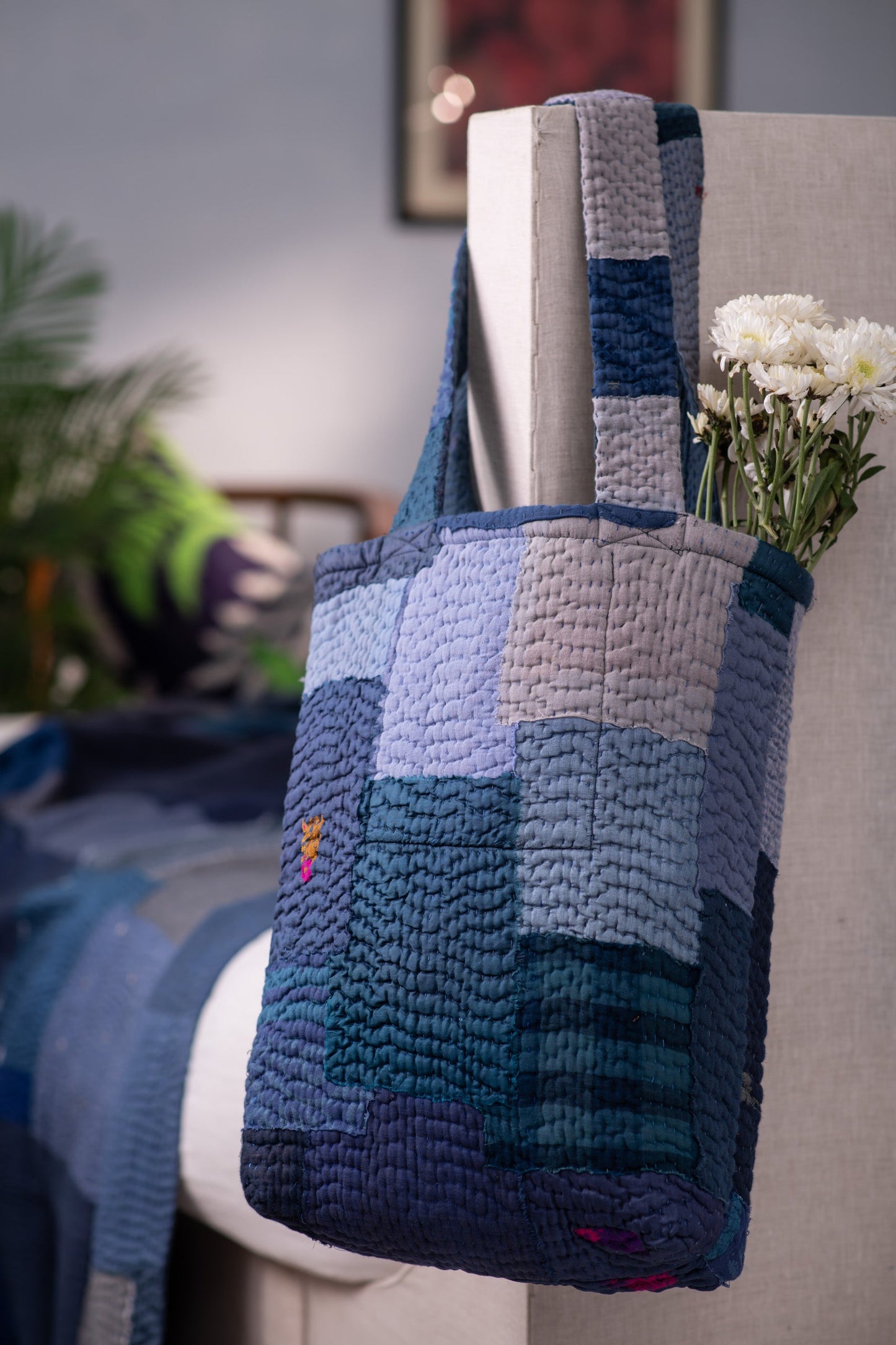 Landscape Handmade vintage Kantha Tote Bag - Navy