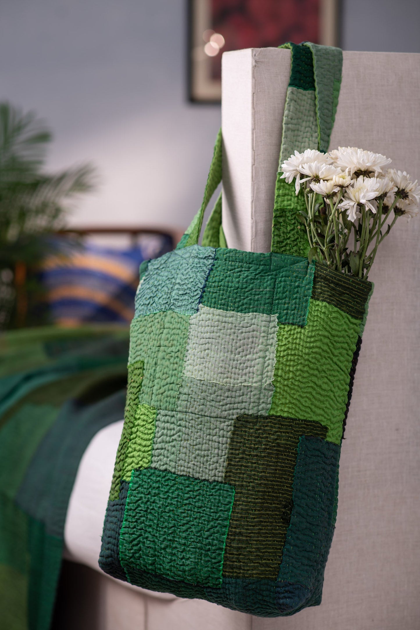 Landscape Handmade vintage Kantha Tote Bag - Green