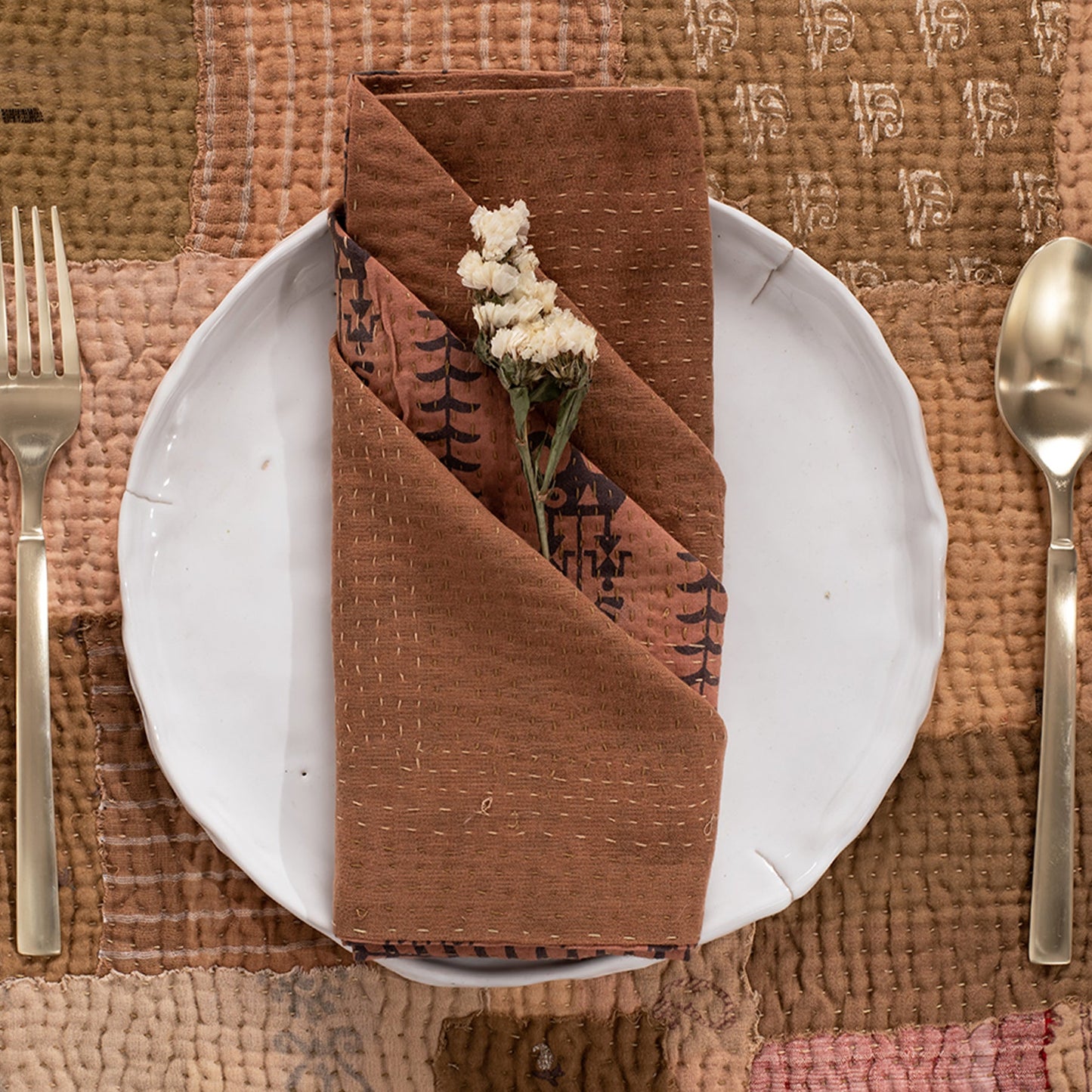 Mosaic Fray Handmade vintage Kantha Napkin - Mushroom (Set of 2)