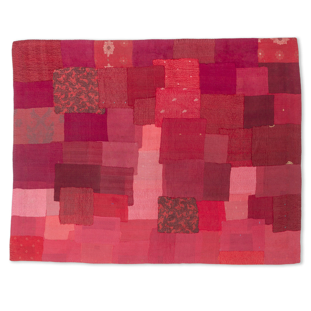 Landscape Fray Patch Handmade vintage Kantha Quilts - Red