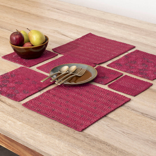 Printed Fray Handmade  Kantha Coasters - Pink (Set of 2)