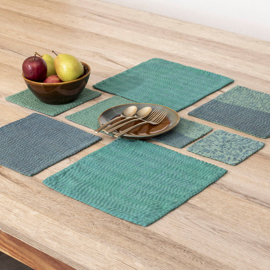 Printed Fray Vintage Cotton Kantha Coaster -Sage -