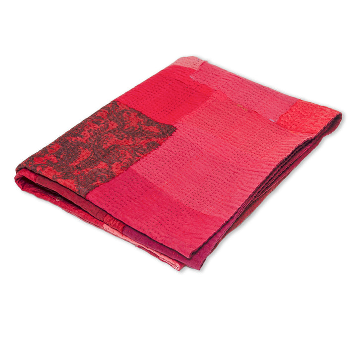 Landscape Fray Patch Handmade vintage Kantha Quilts - Red