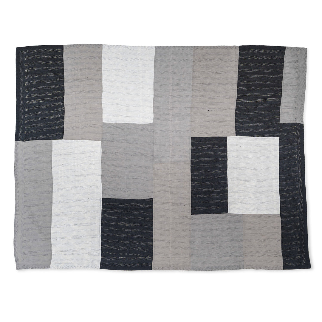 Monotone Ikat Handmade Vintage Kantha Throw - Black