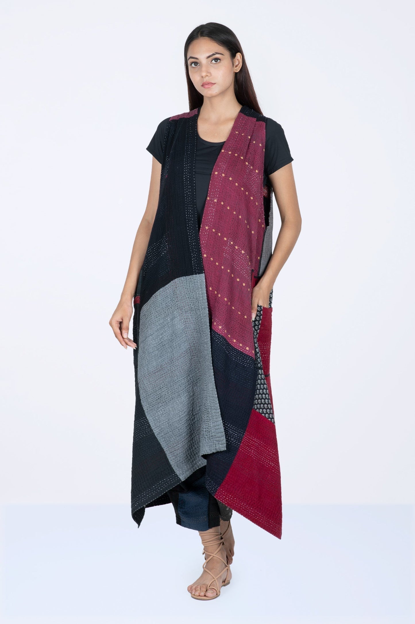 PAISLEY & PATCH KANTHA BACK PLEATED VEST MAXI - py4222-blk -
