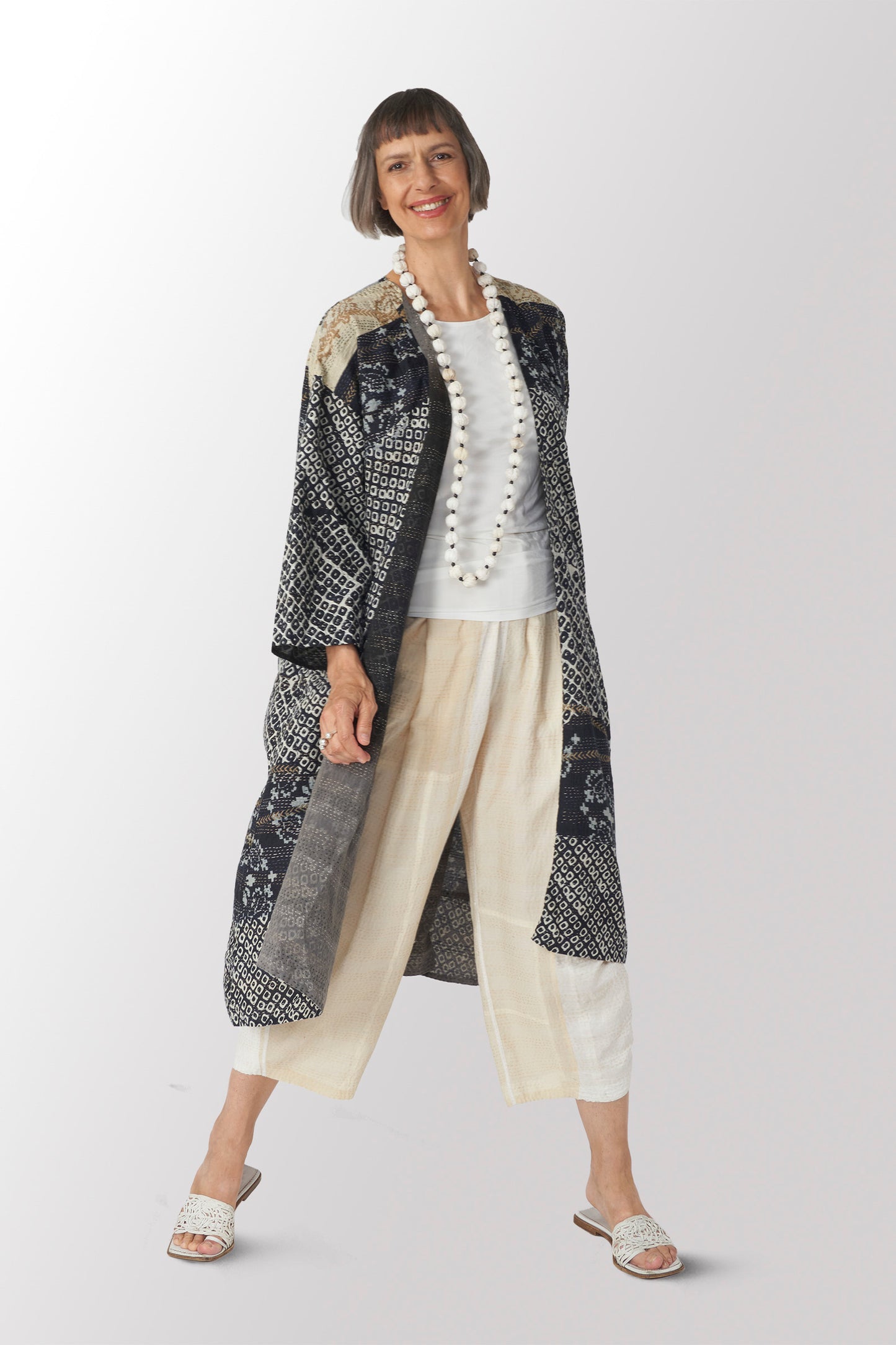 COTTON SILK SW PATCH KANTHA SMALL NUTS LONG NECKLACE - ws2706-ivy -