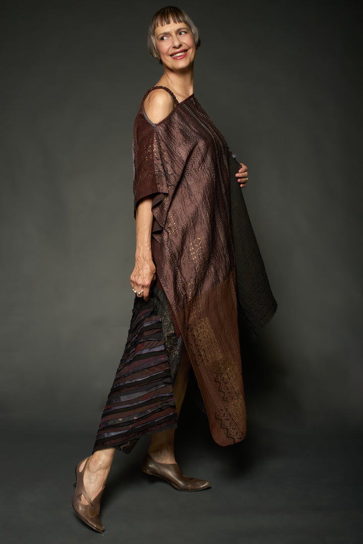 HALF SILK PATCH KANTHA ASYMMETRIC TUBE DRESS - hs2472-brn -