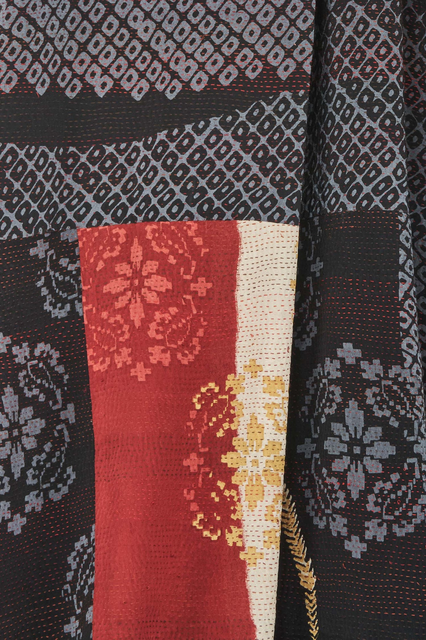 KIMONO PRINT KANTHA BACK PLEATED VEST MAXI - kp2222-blk -