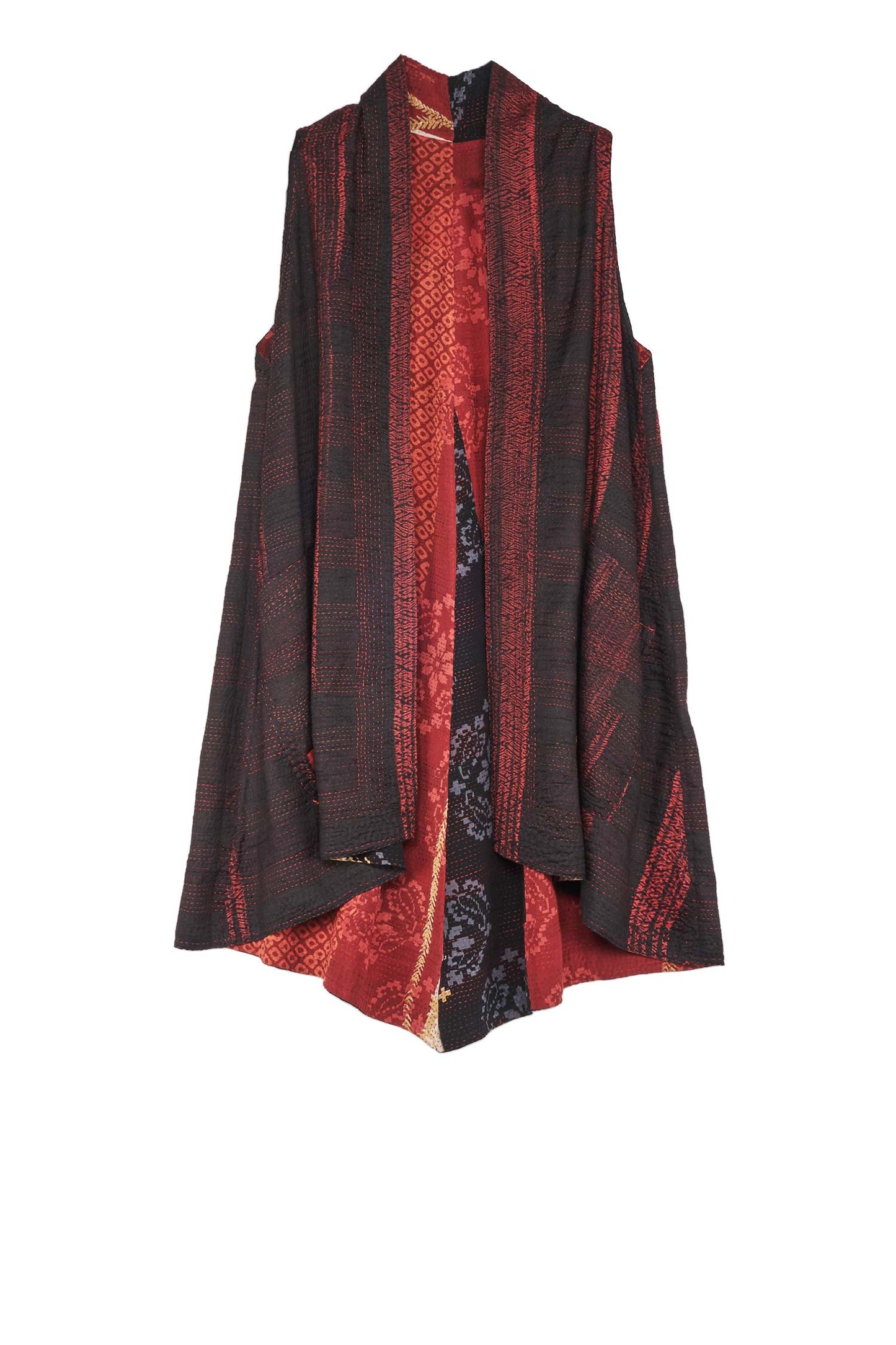 KIMONO PRINT KANTHA A-LINE VEST - kp2203-red -