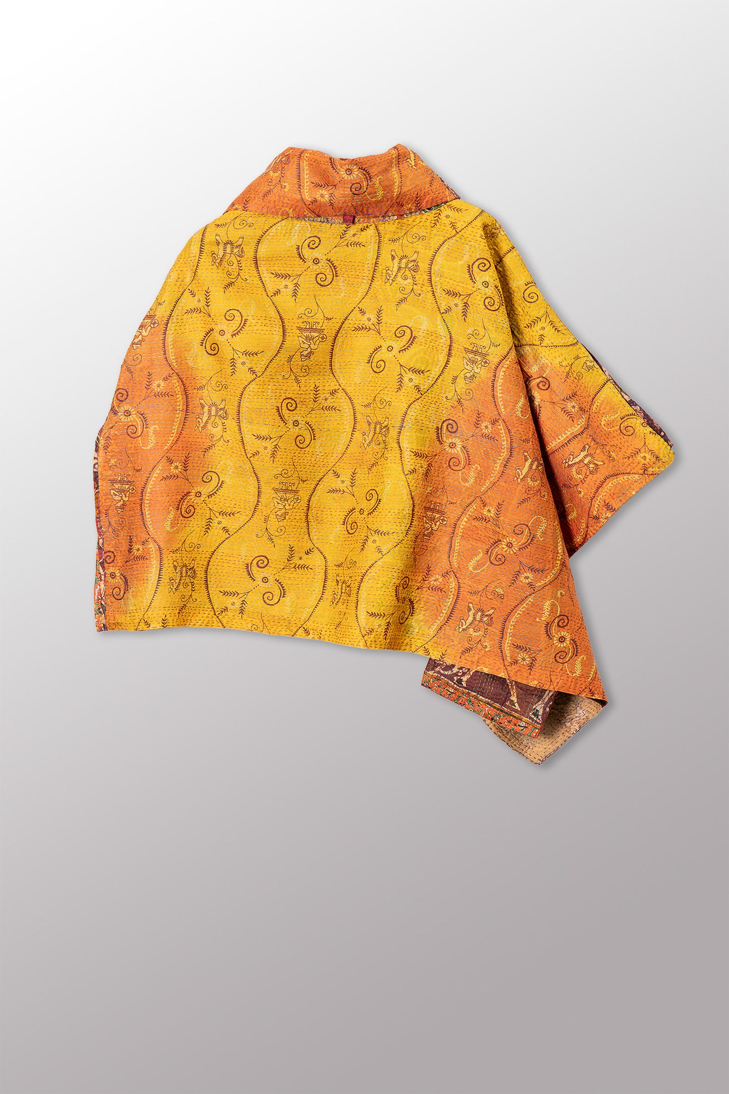 VINTAGE SILK KANTHA COWL NECK LONG CAPE - sv2842-0012a -