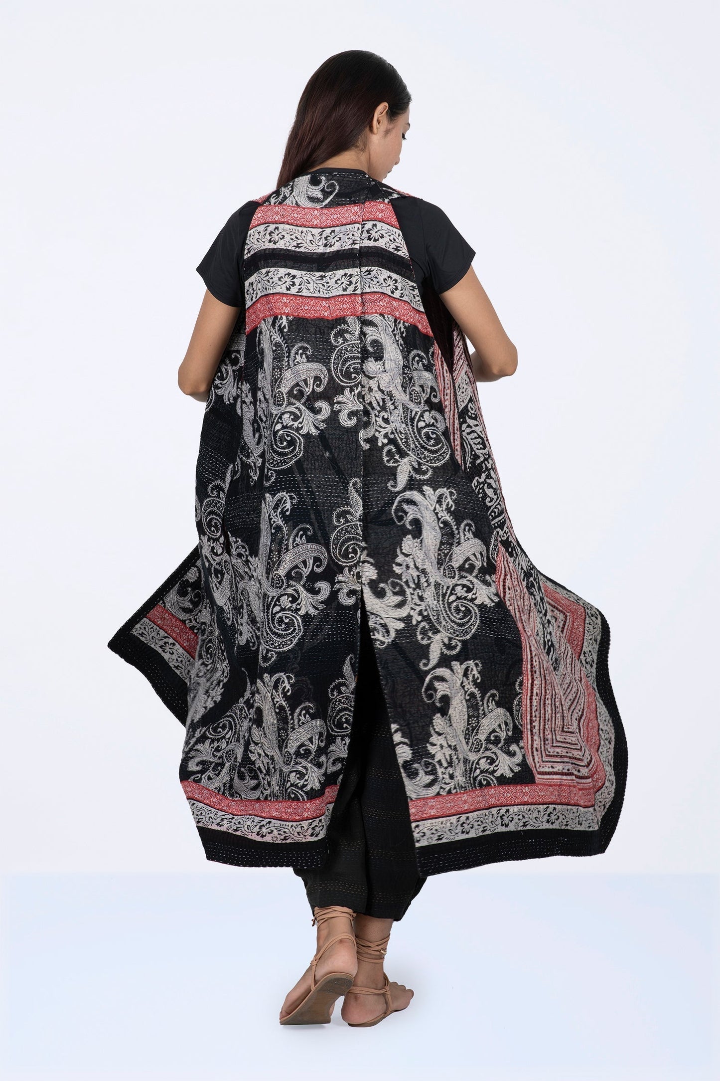 PAISLEY & PATCH KANTHA BACK PLEATED VEST MAXI - py4222-blk -