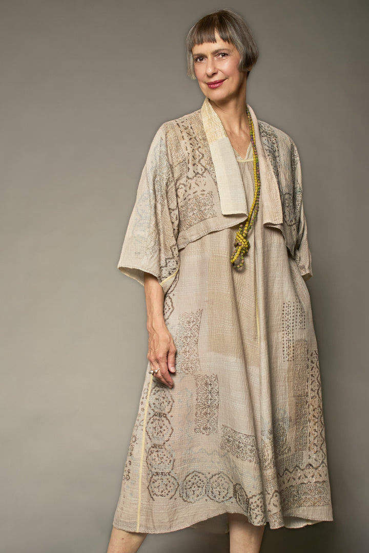 MOSAIC FRAY PATCH KANTHA V-NECK FRENCH SLV. DRESS - zb2467-ivy -