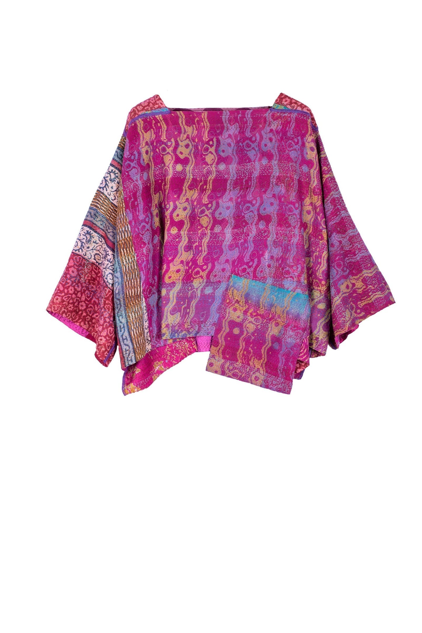 GEORGETTE VINTAGE SILK PATCH KANTHA 3/4 SLV. CROP TOP - gs2528-pik -