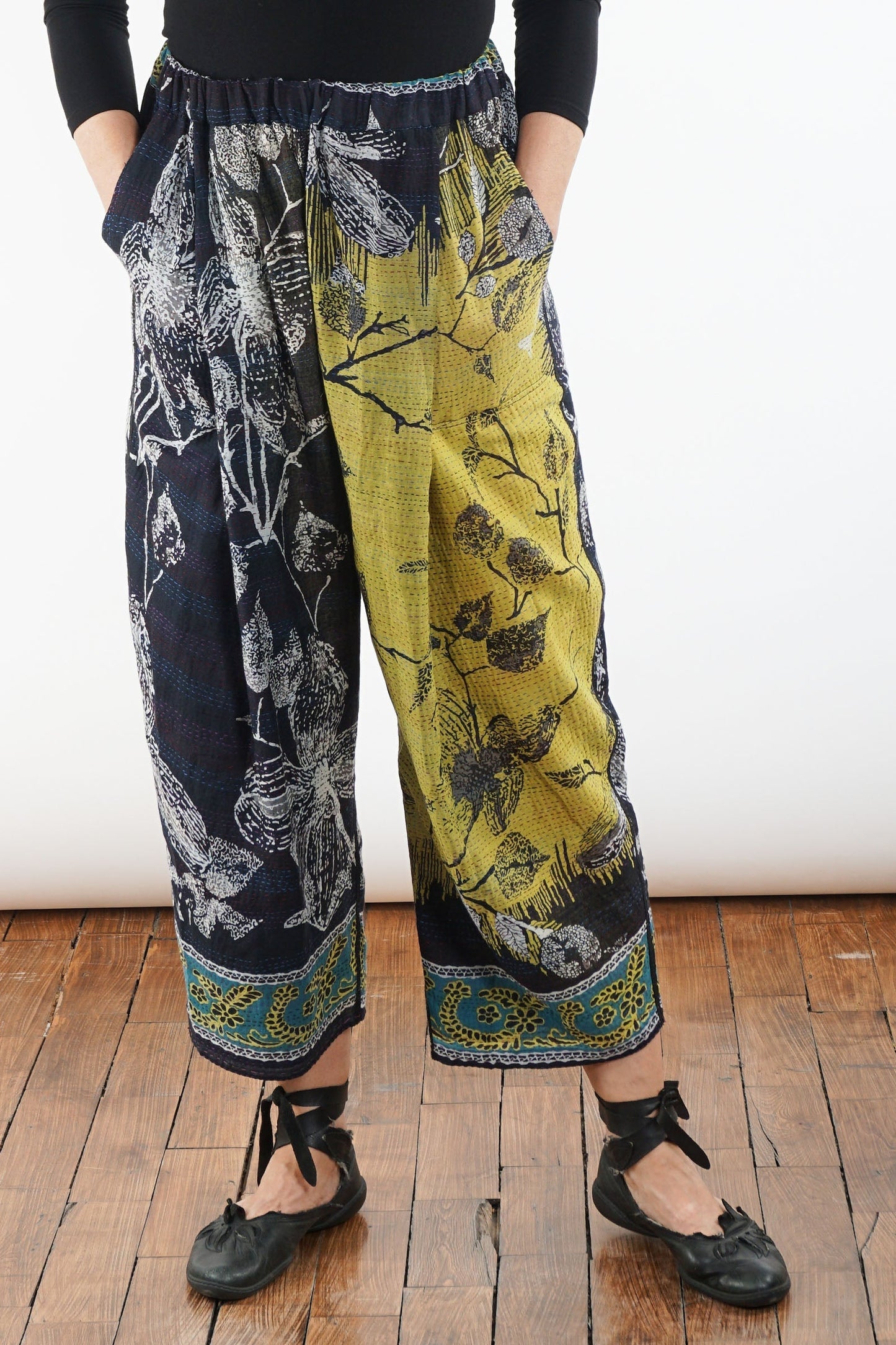 ORGANIC LEAVES KANTHA BAGGY PANTS - ol2642-blk -