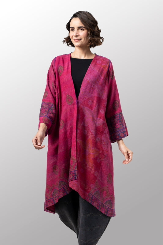 VINTAGE SILK GEORGETTE COTTON KANTHA WRAP FLARE COAT - gc2330-0002a -