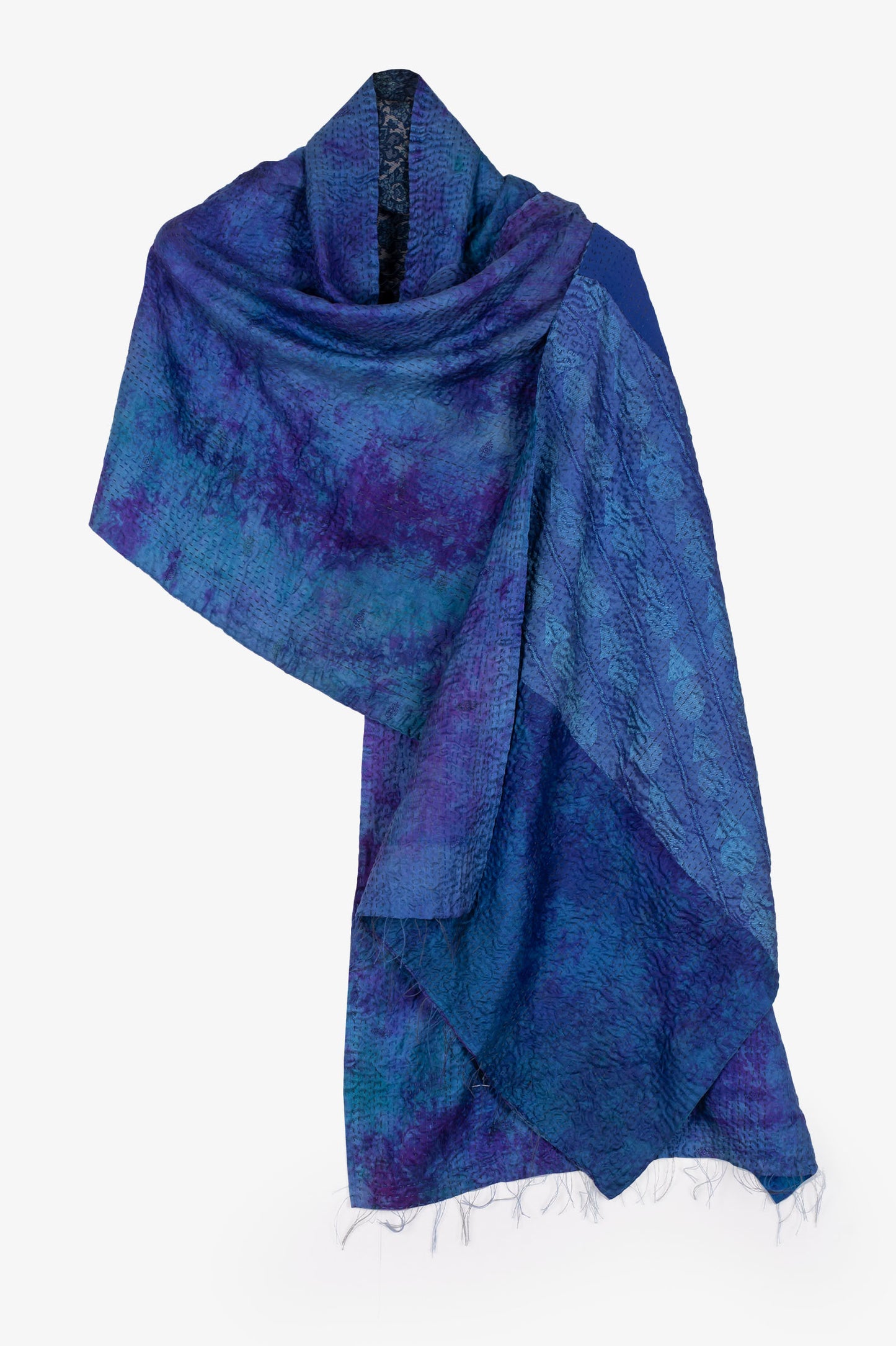 GEORGETTE JACQUARD VINTAGE SILK PATCH KANTHA SCARF STANDARD - gj2801-blu -