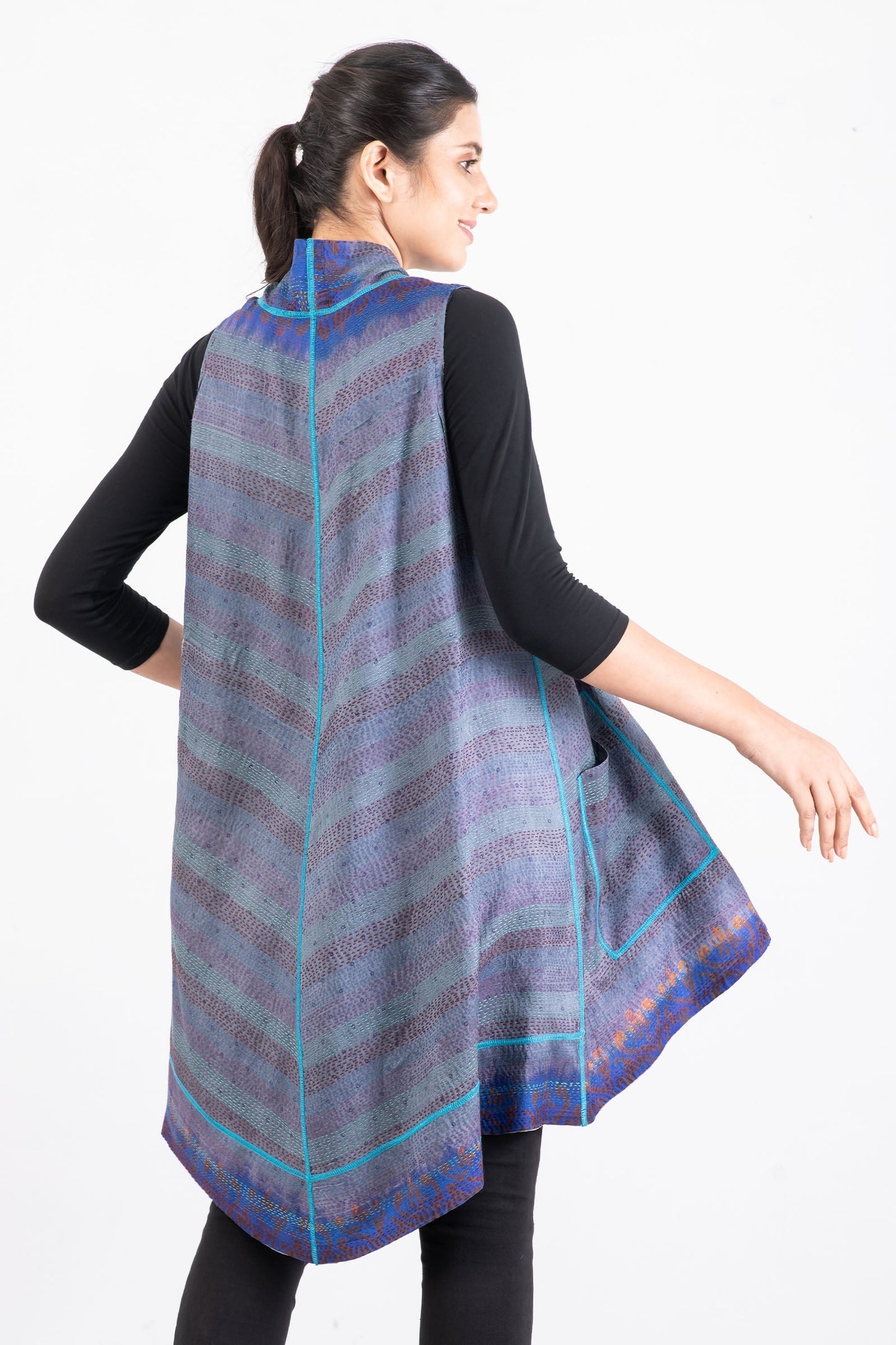 VINTAGE SILK GEORGETTE KANTHA A-LINE VEST - sg2203-0003a -