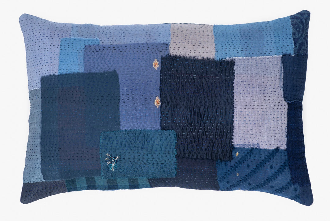 Landscape Handmade Vintage Kantha Pillow -Navy