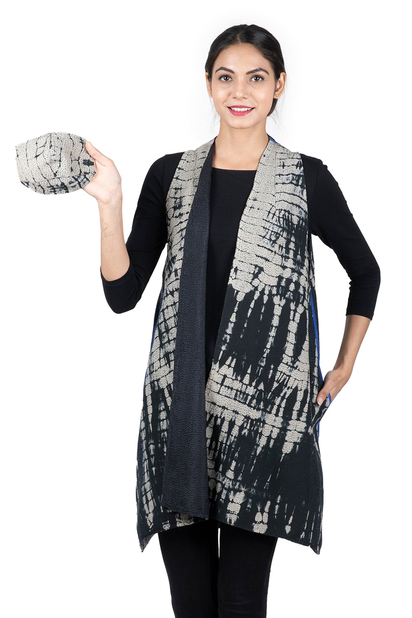 SERPENT PRINT KANTHA BACK PLEATED VEST - sp2221-blk -
