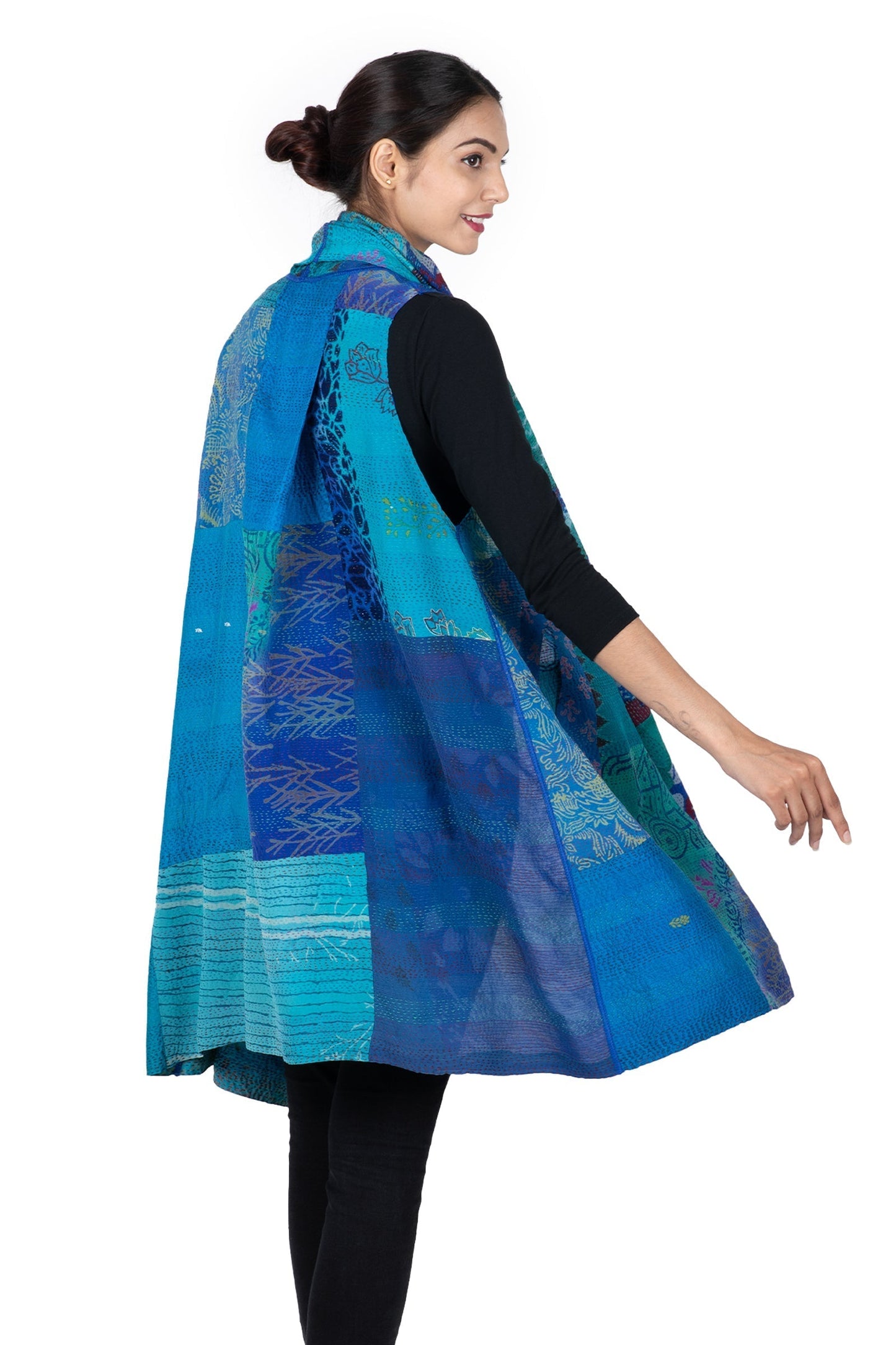 GEORGETTE VINTAGE SILK PATCH KANTHA SHAWL COLLAR VEST - gs2235-blu -