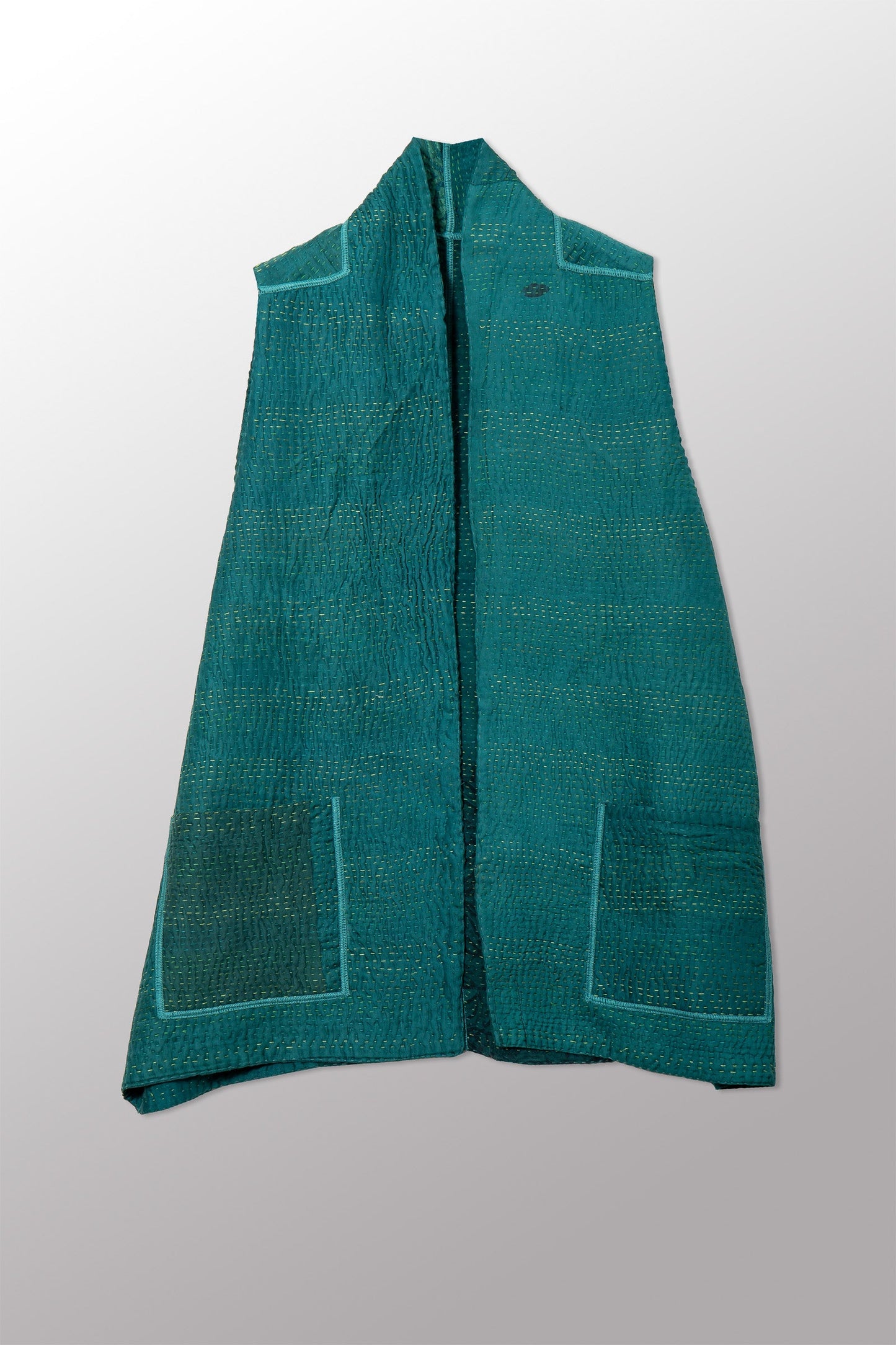 GEORGETTE JACQUARD VINTAGE SILK PATCH KANTHA KIMONO VEST SHORT - gj4248-grn -