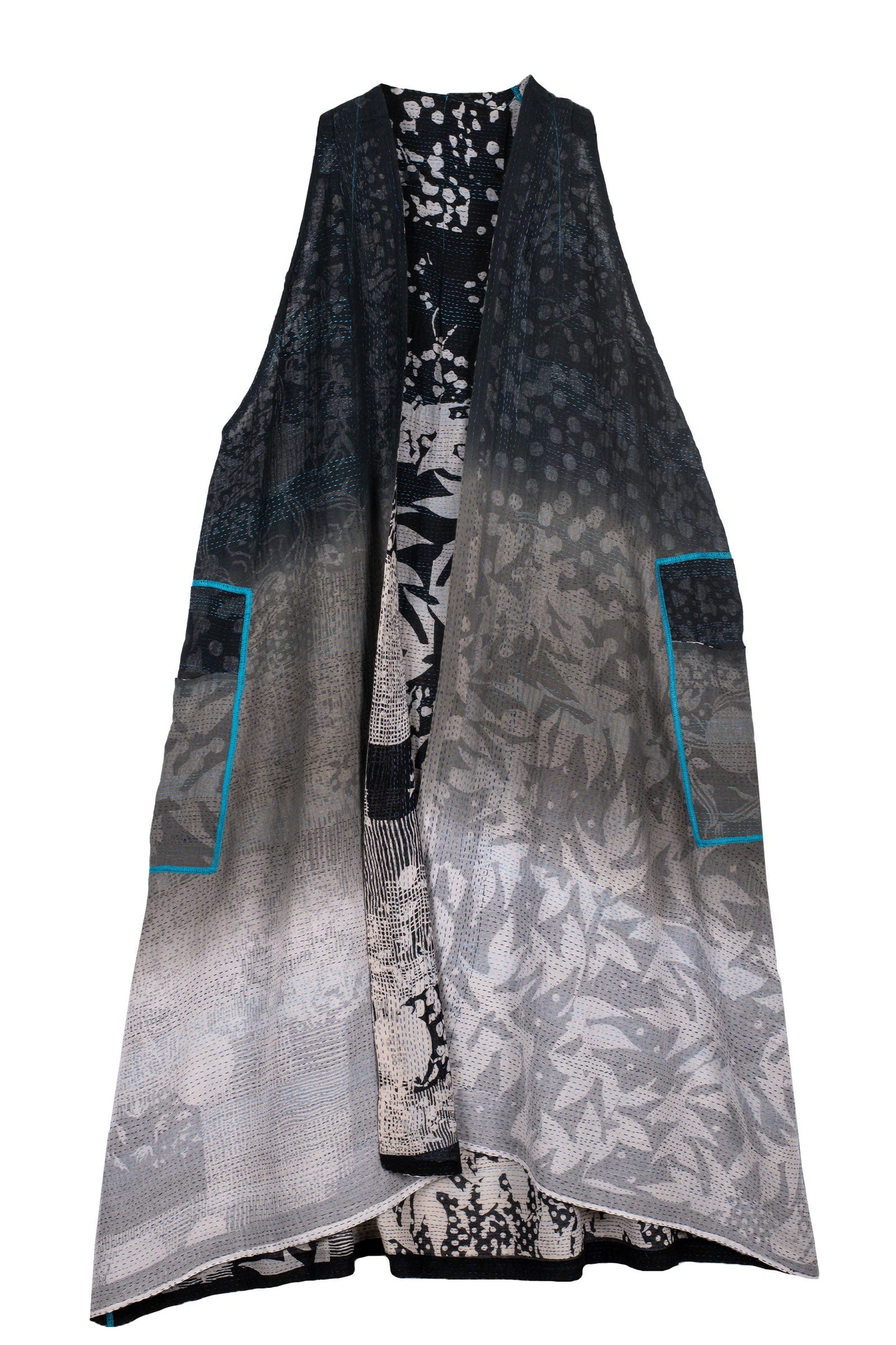 MONOTONE TWILIGHT PRINT KANTHA BACK PLEATED VEST MAXI - tp2222-blk -
