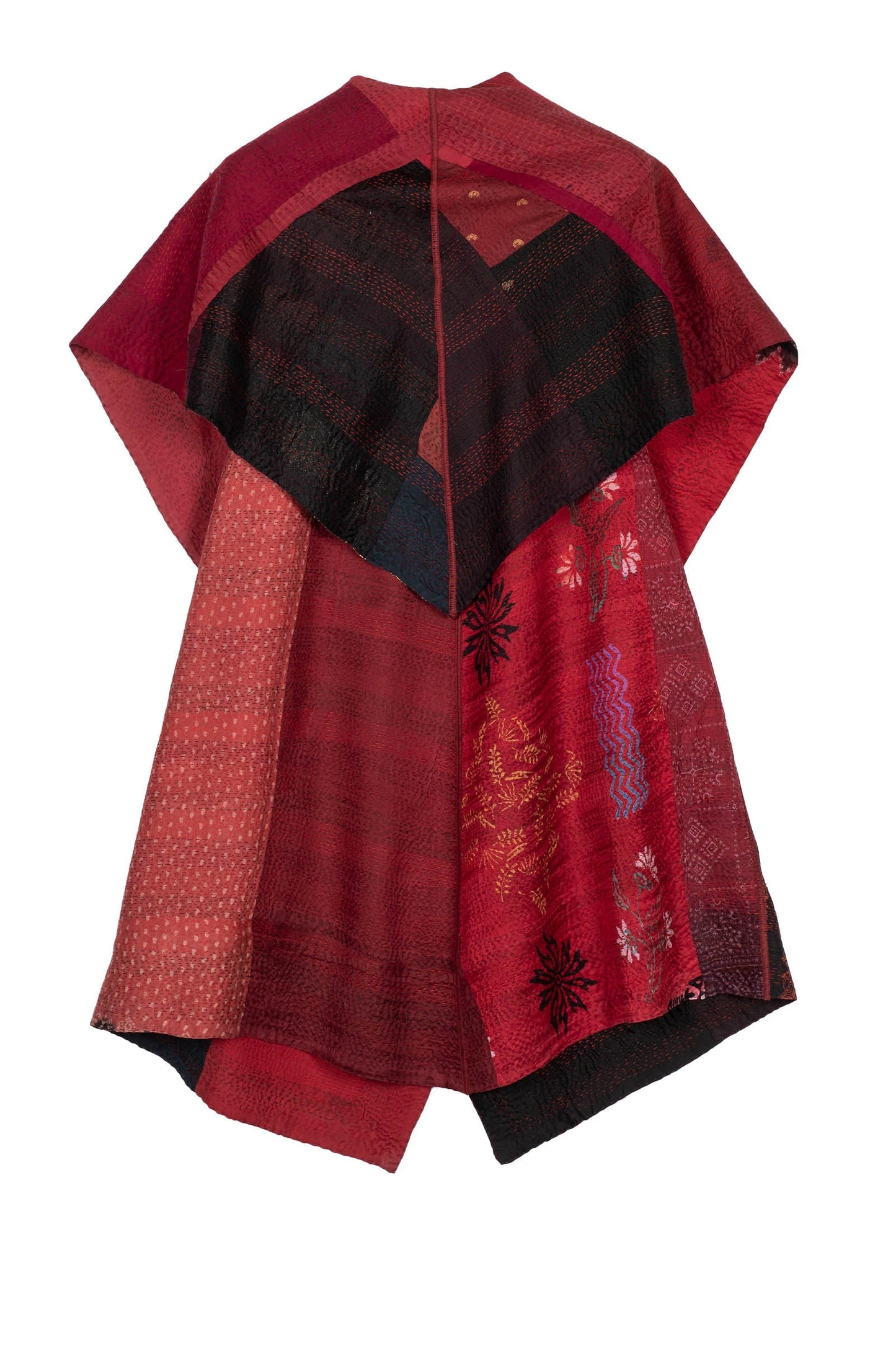 VINTAGE SILK PATCH KANTHA CIRCULAR VEST - vp2201-red -