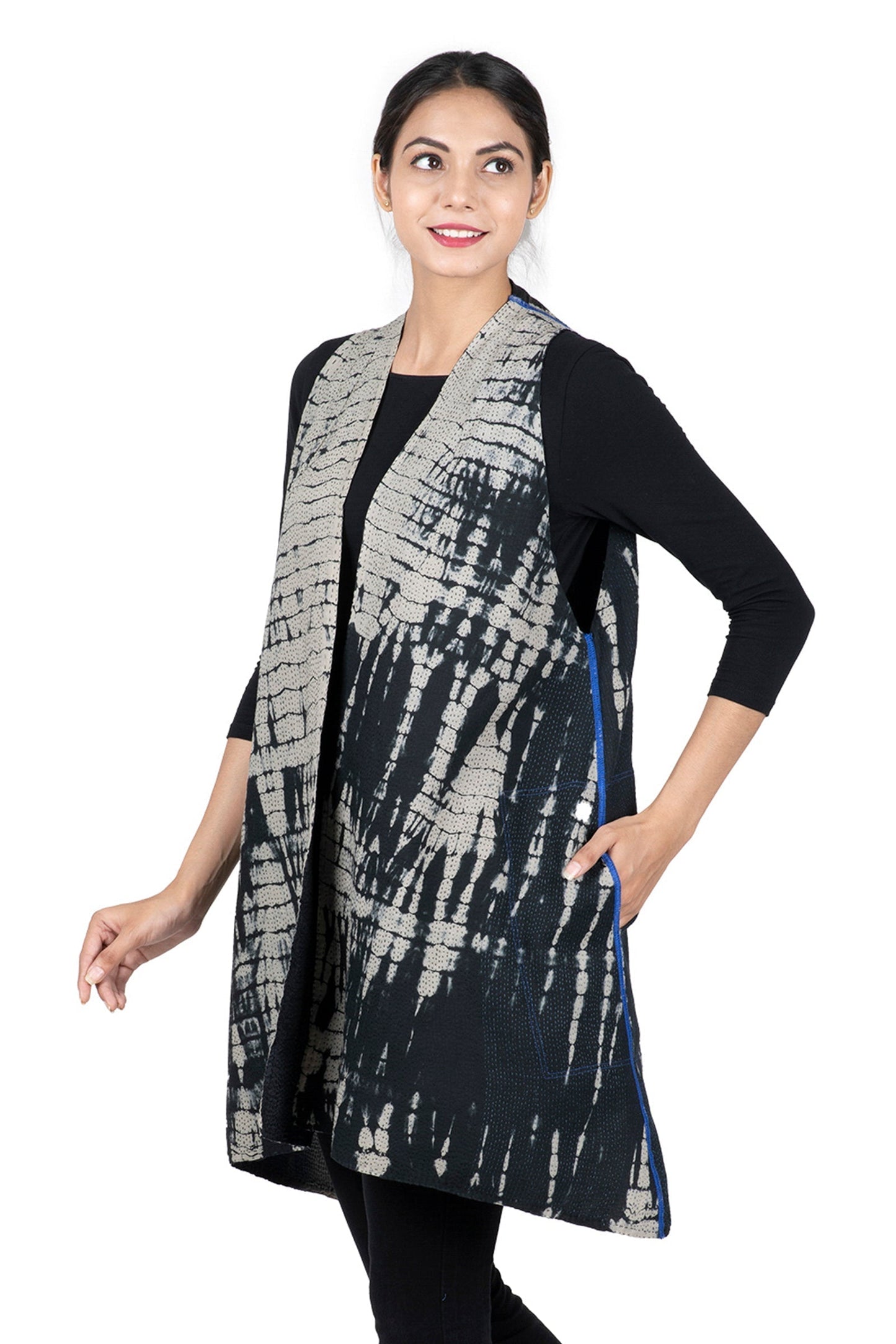 SERPENT PRINT KANTHA BACK PLEATED VEST - sp2221-blk -
