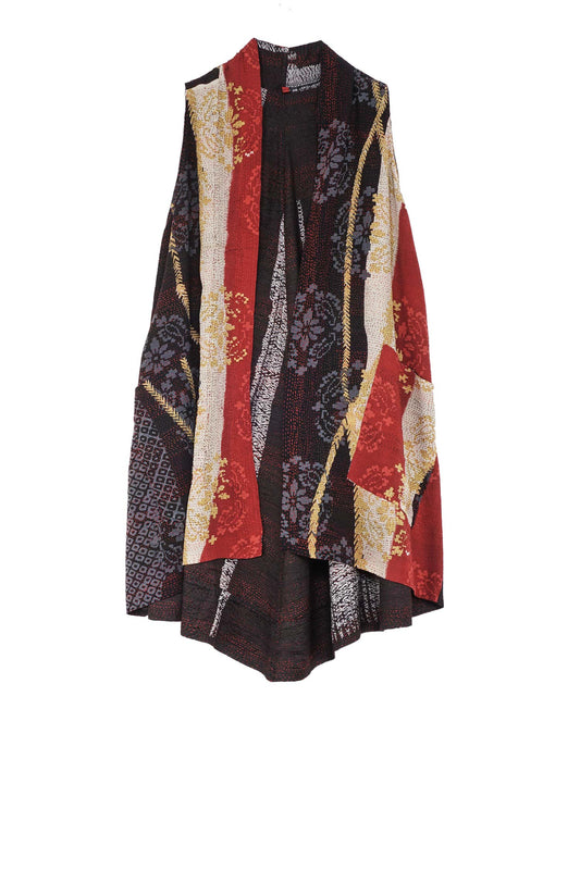 KIMONO PRINT KANTHA A-LINE VEST - kp2203-blk -