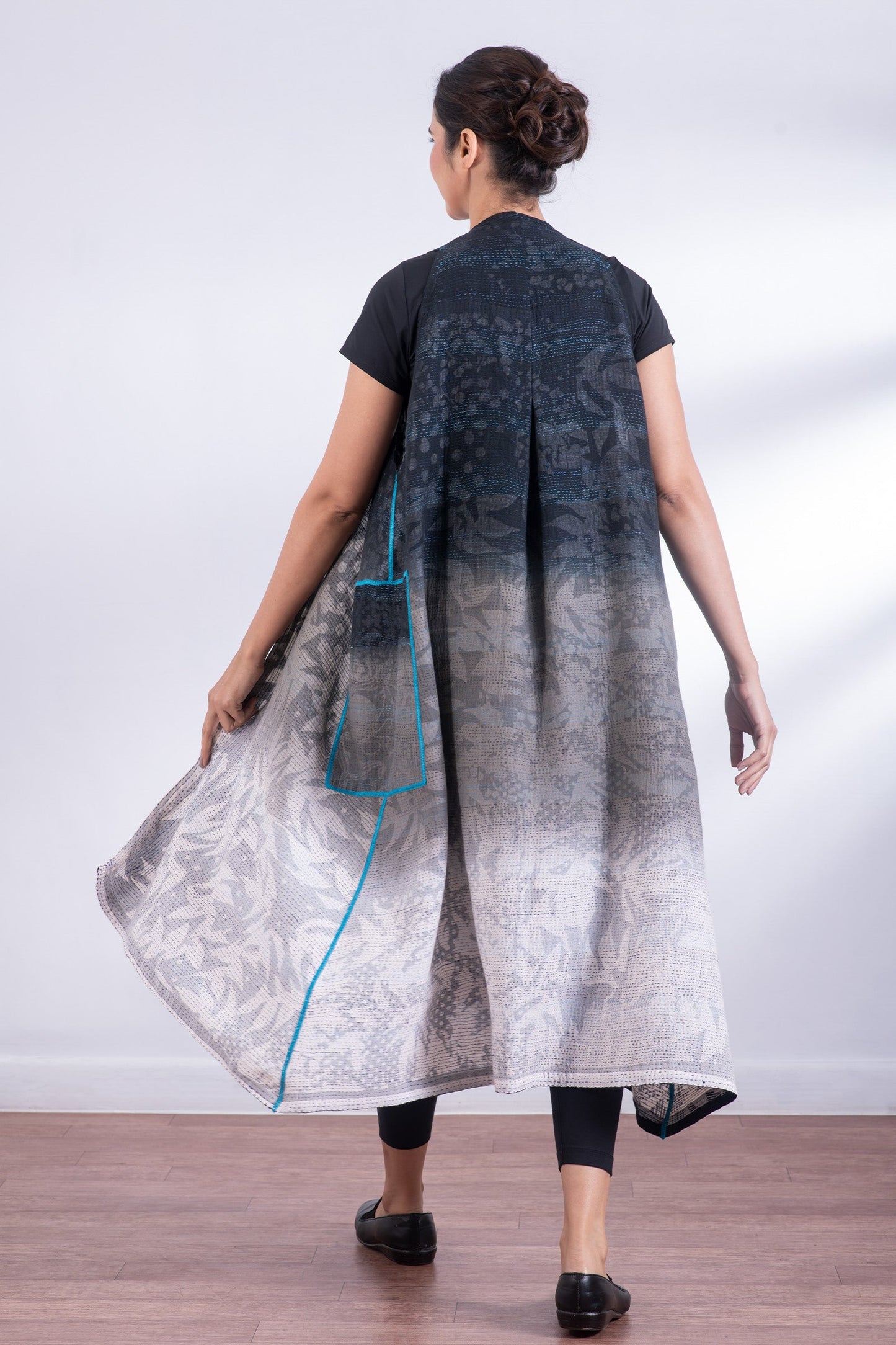 MONOTONE TWILIGHT PRINT KANTHA BACK PLEATED VEST MAXI - tp2222-blk -