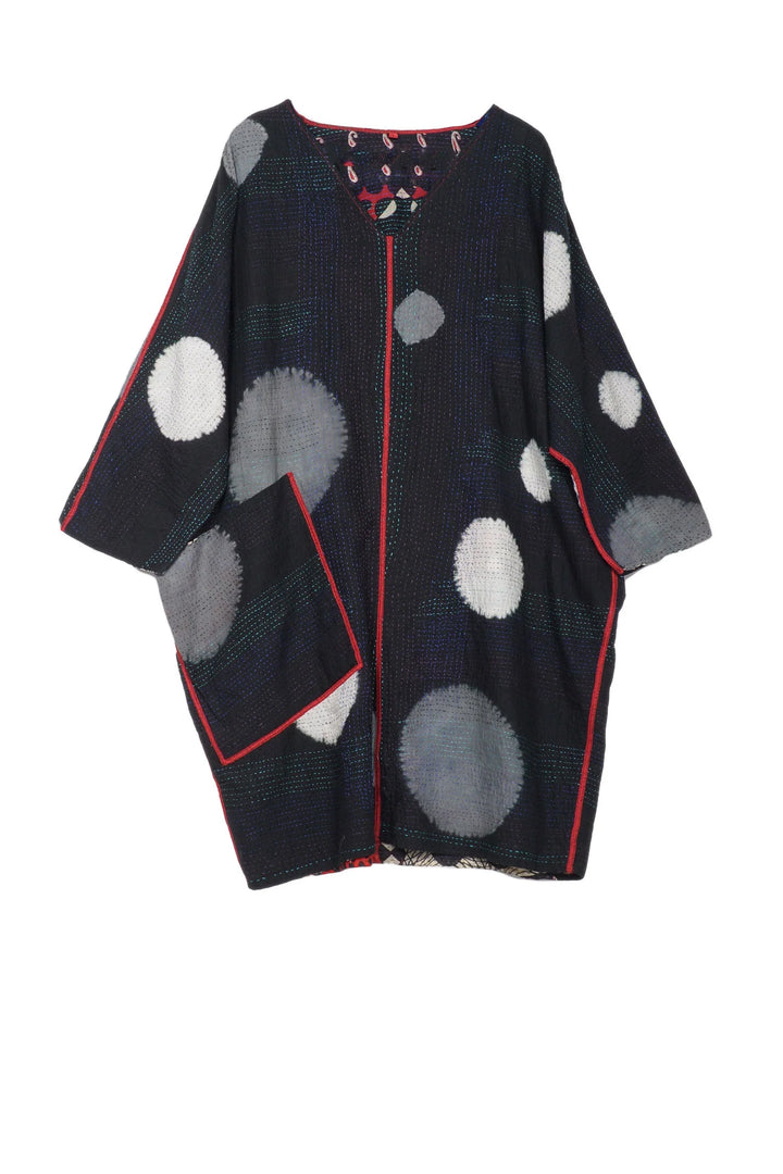 PATCH &amp; CIRCLE PRINT KANTHA DOLMAN SLV. DRESS - pc2410-blk -