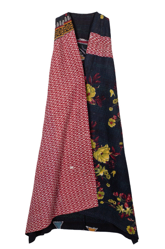 VINTAGE COTTON KANTHA BACK PLEATED VEST MAXI - cv4222-0013a -