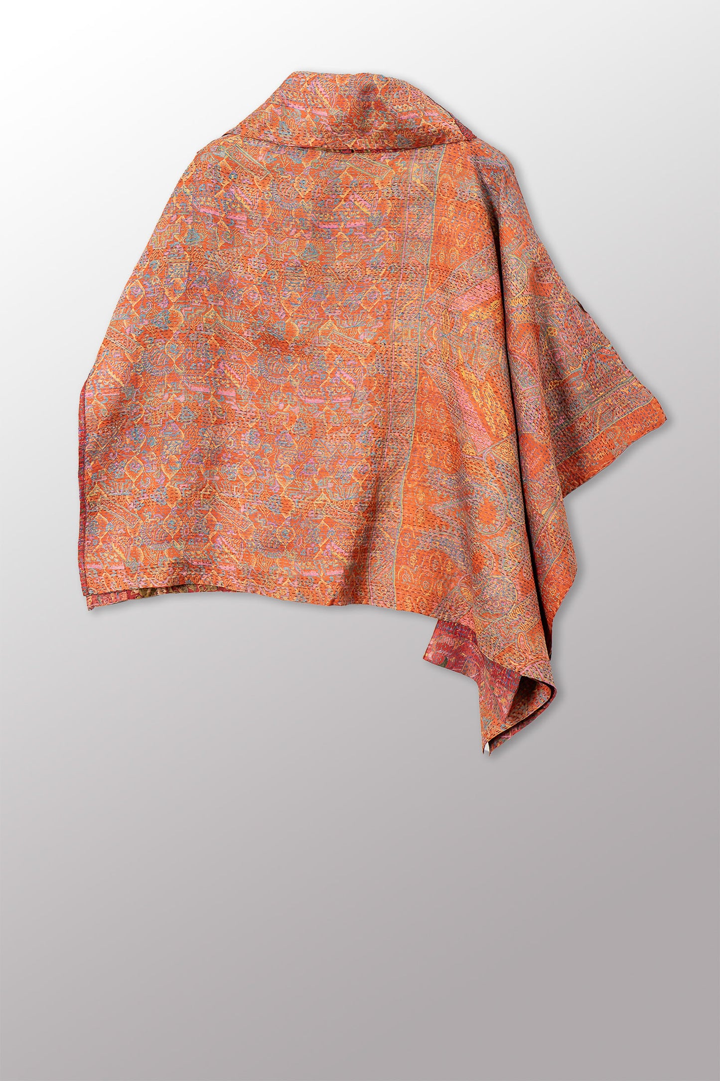 VINTAGE SILK KANTHA COWL NECK LONG CAPE - sv2842-0006a -
