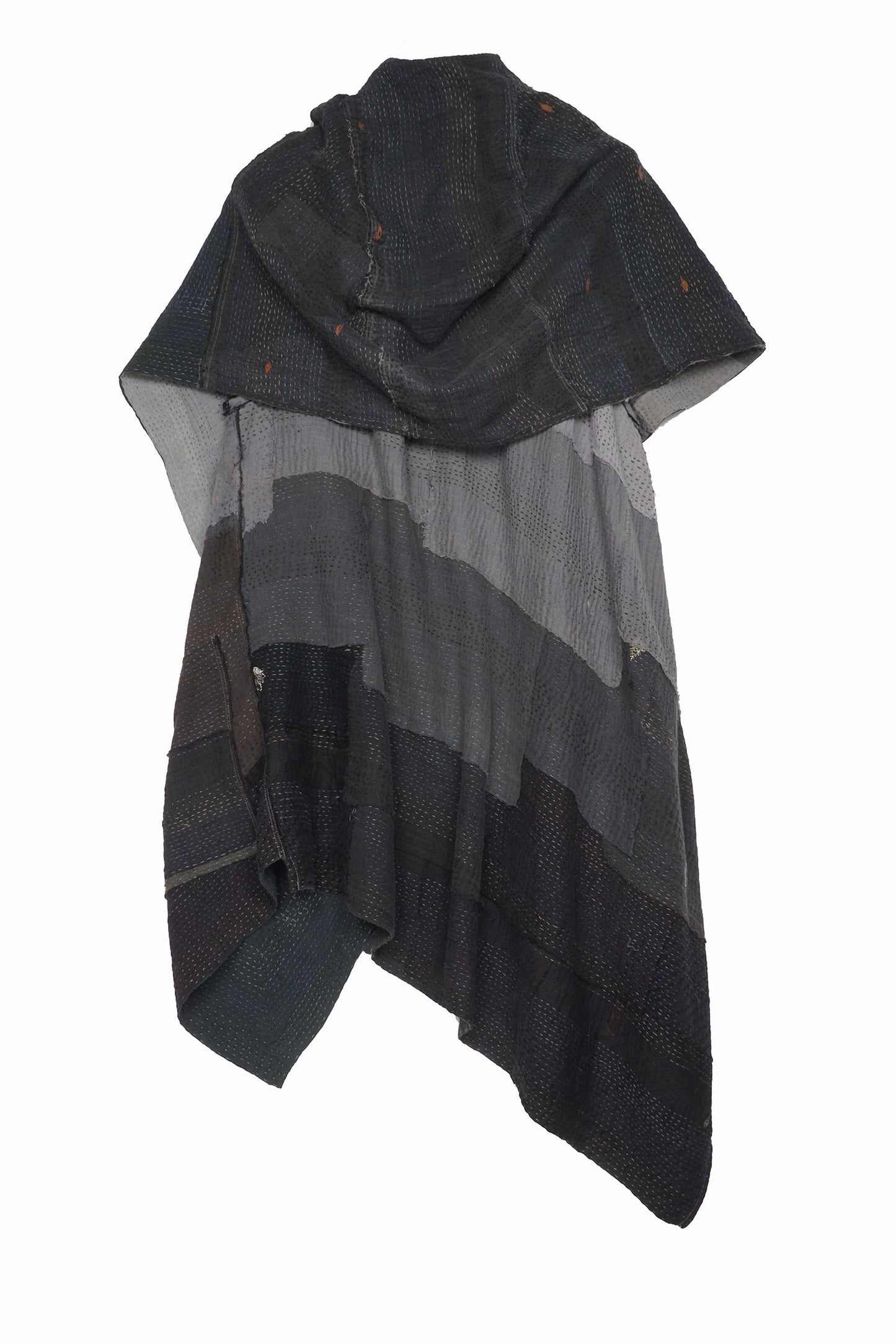 LANDSCAPE FRAYED PATCH KANTHA SLANT HEM HOODED VEST - lf2212-gry -