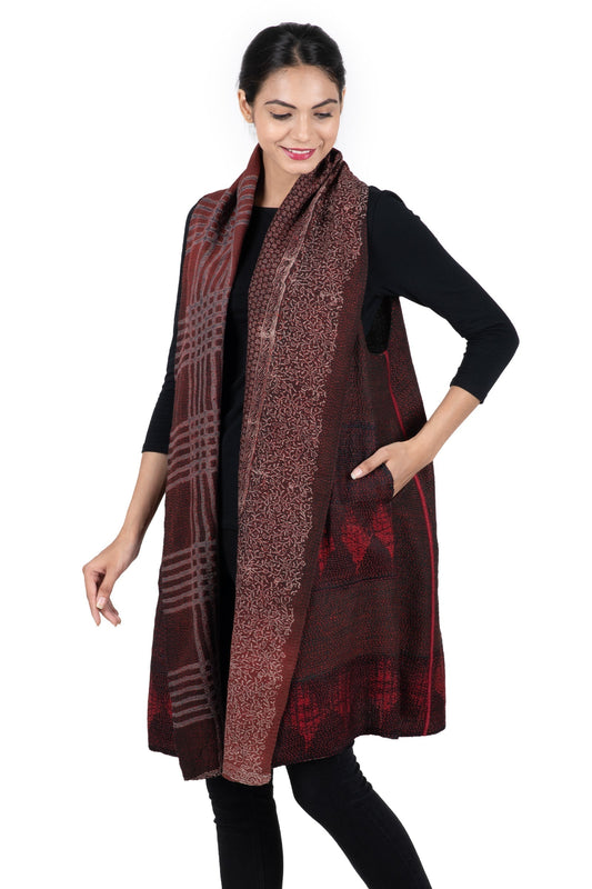 INDONESIAN PRINT & BORDER SHIBORI KANTHA SHAWL COLLAR VEST - ib2235-red -