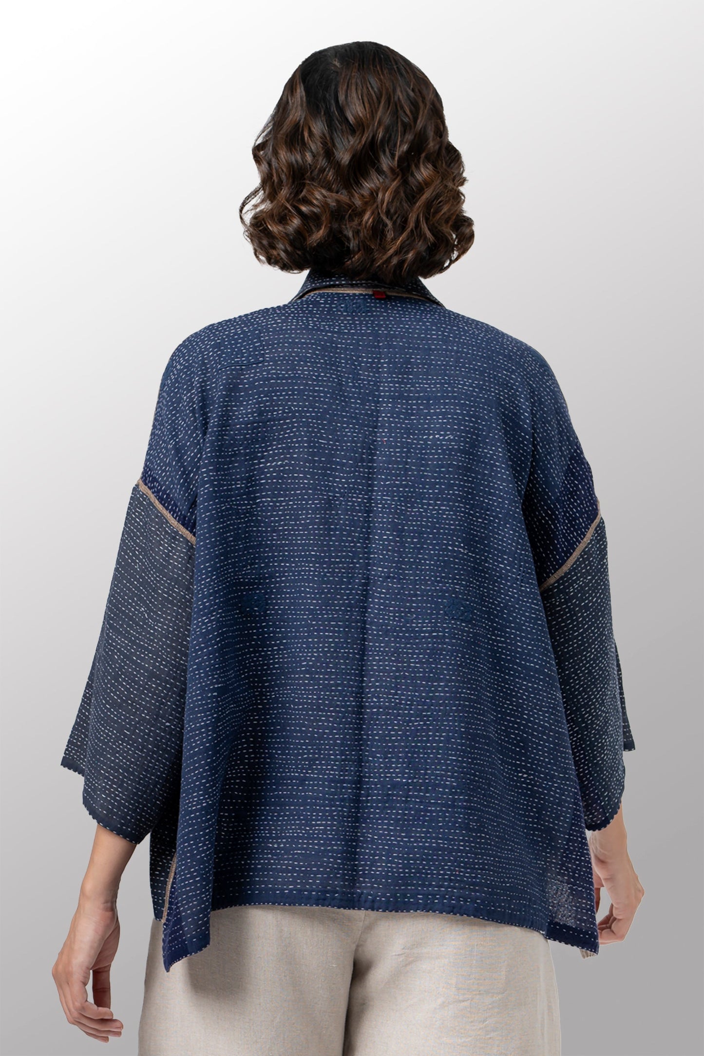 INDONESIAN PRINT VINTAGE INDIGO BACKING KANTHA CROPPED TENT SHIRT - bi2596-blu -