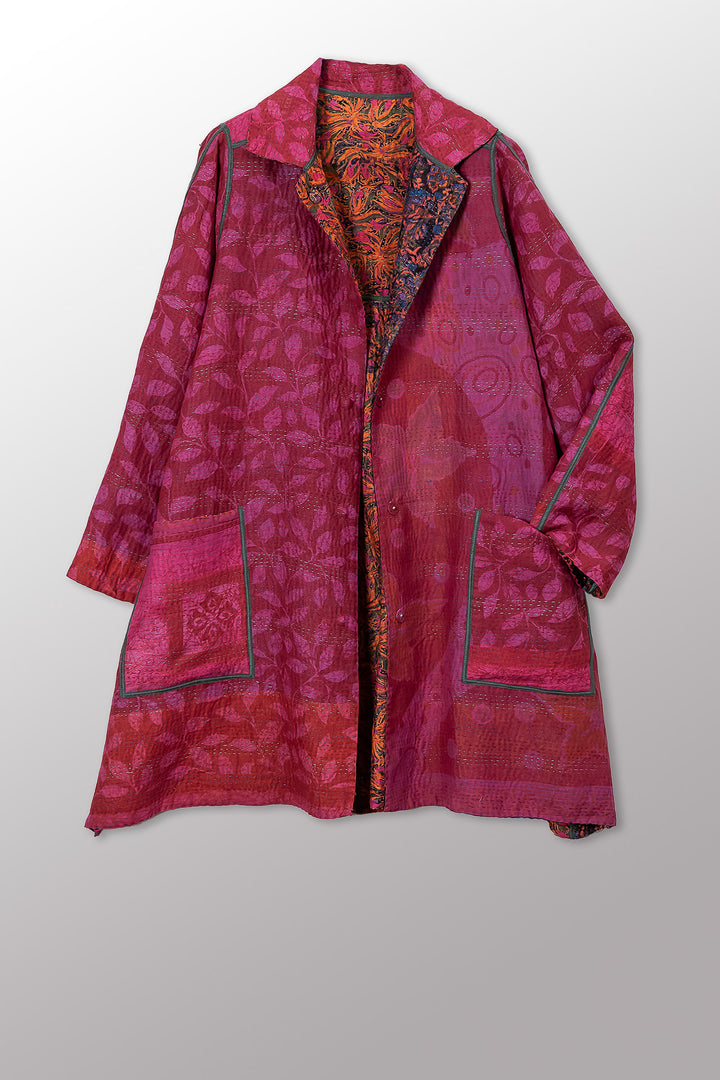 VINTAGE SILK GEORGETTE COTTON KANTHA A-LINE DUSTER - gc4311-0001a -