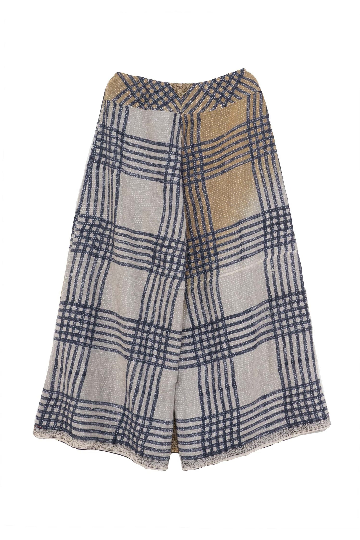 INDONESIAN PRINT VINTAGE INDIGO BACKING KANTHA FRONT WRAP PANTS - bi2631-blu -