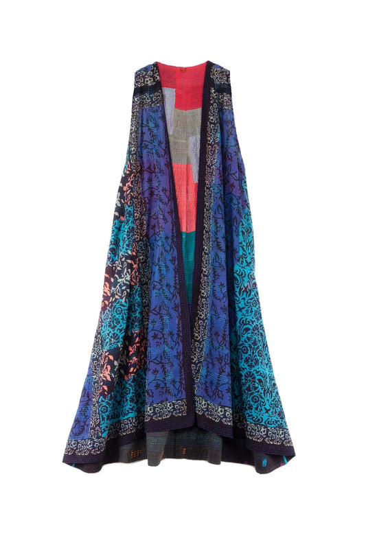 BAGH PRINT KANTHA BACK PLEATED VEST MAXI - bg2222-blu -