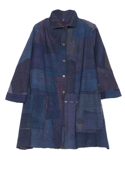 INDIGO WHITE FRAYED PATCH KANTHA BACK TUCKED TUNIC - iw4513-nvy -