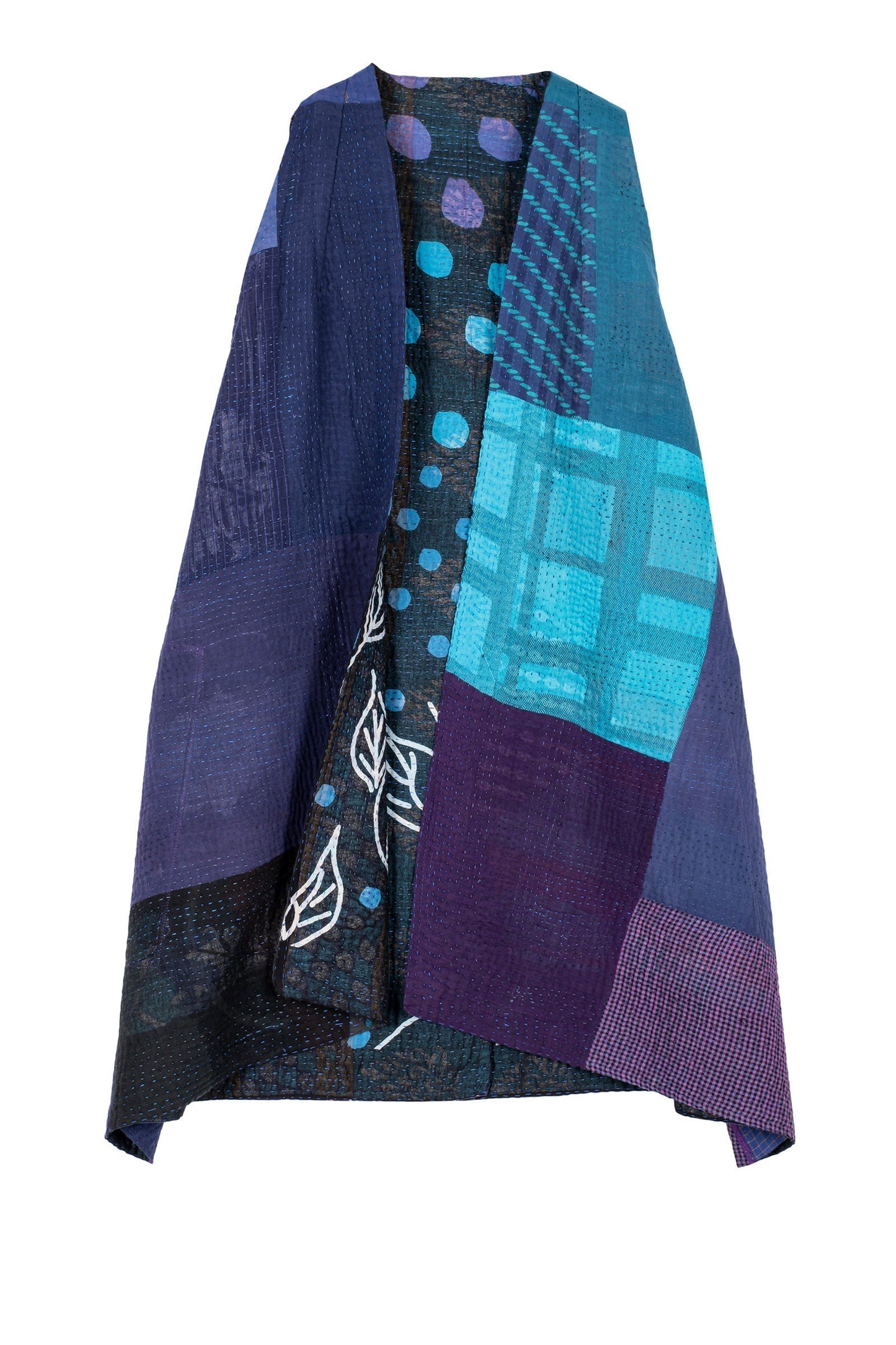 POLKA DOTS & LEAVES KANTHA BACK PLEATED VEST - dl4221-blu -