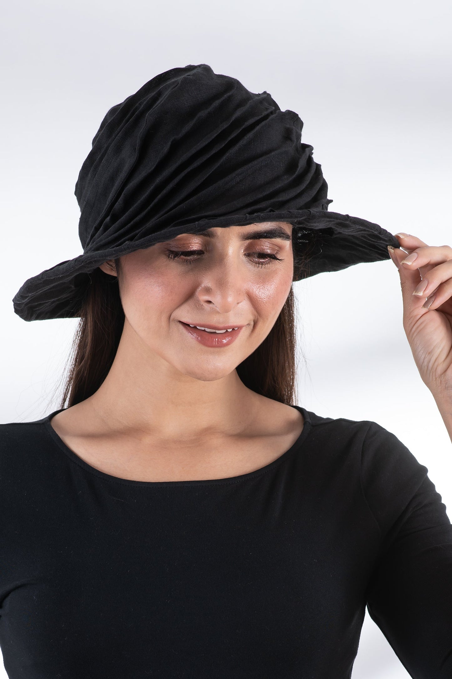 LINEN TWIST TUCKED BRIM HAT - ln1886-blk -
