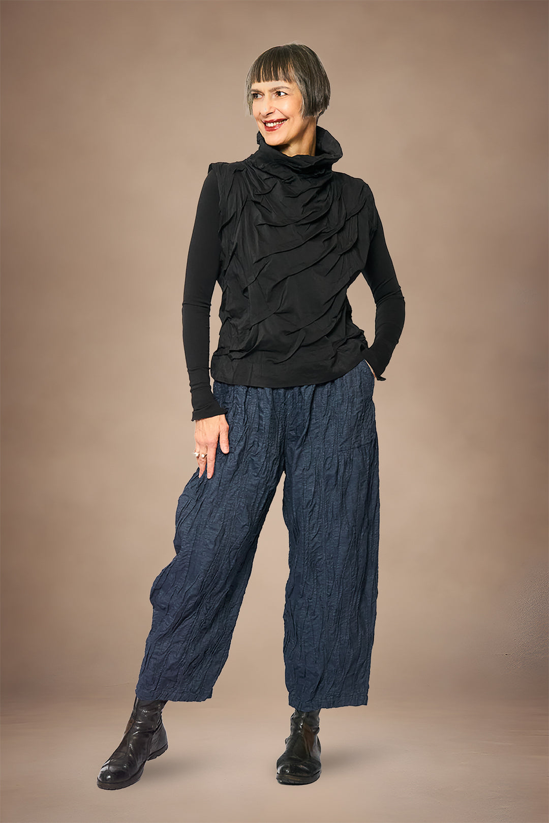 RIPPLE TUCK DENIM BARREL PANTS - rd1641-nvy -