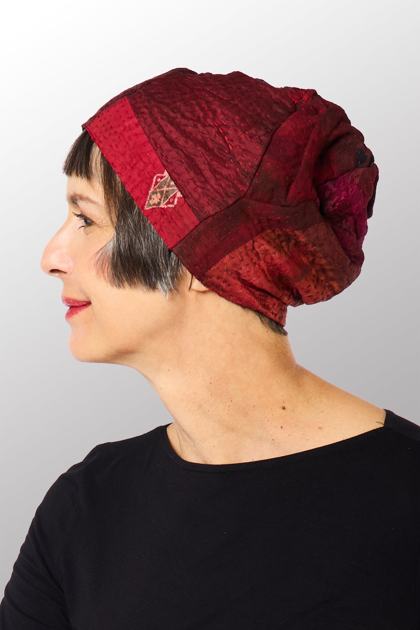 GEORGETTE JACQUARD VINTAGE SILK PATCH KANTHA PATCHWORK HAT - gj4880-red -